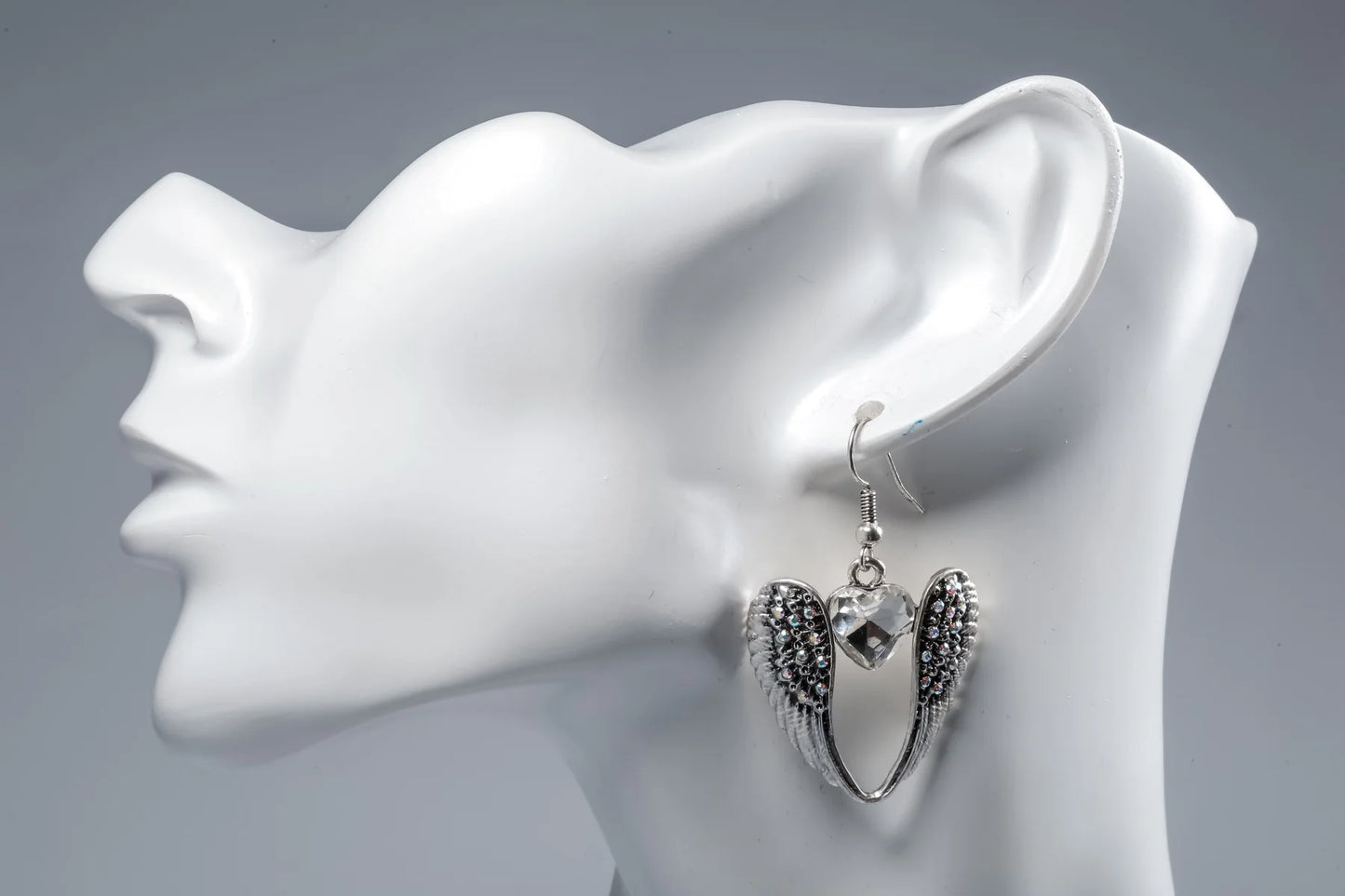 Women's Winged Heart Dangle Drop Earrings Antique Silver Color W/Crystal