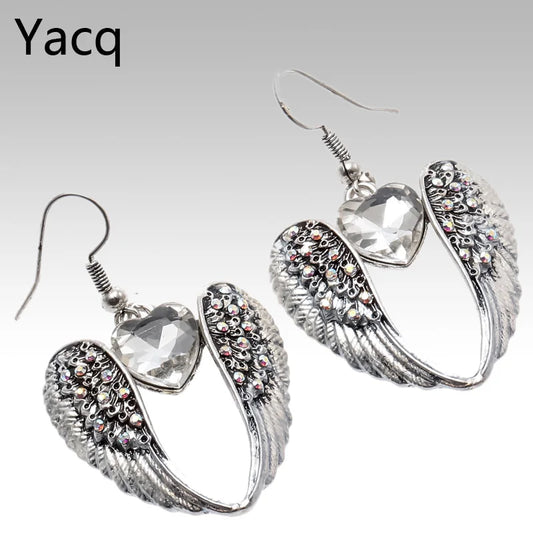Women's Winged Heart Dangle Drop Earrings Antique Silver Color W/Crystal