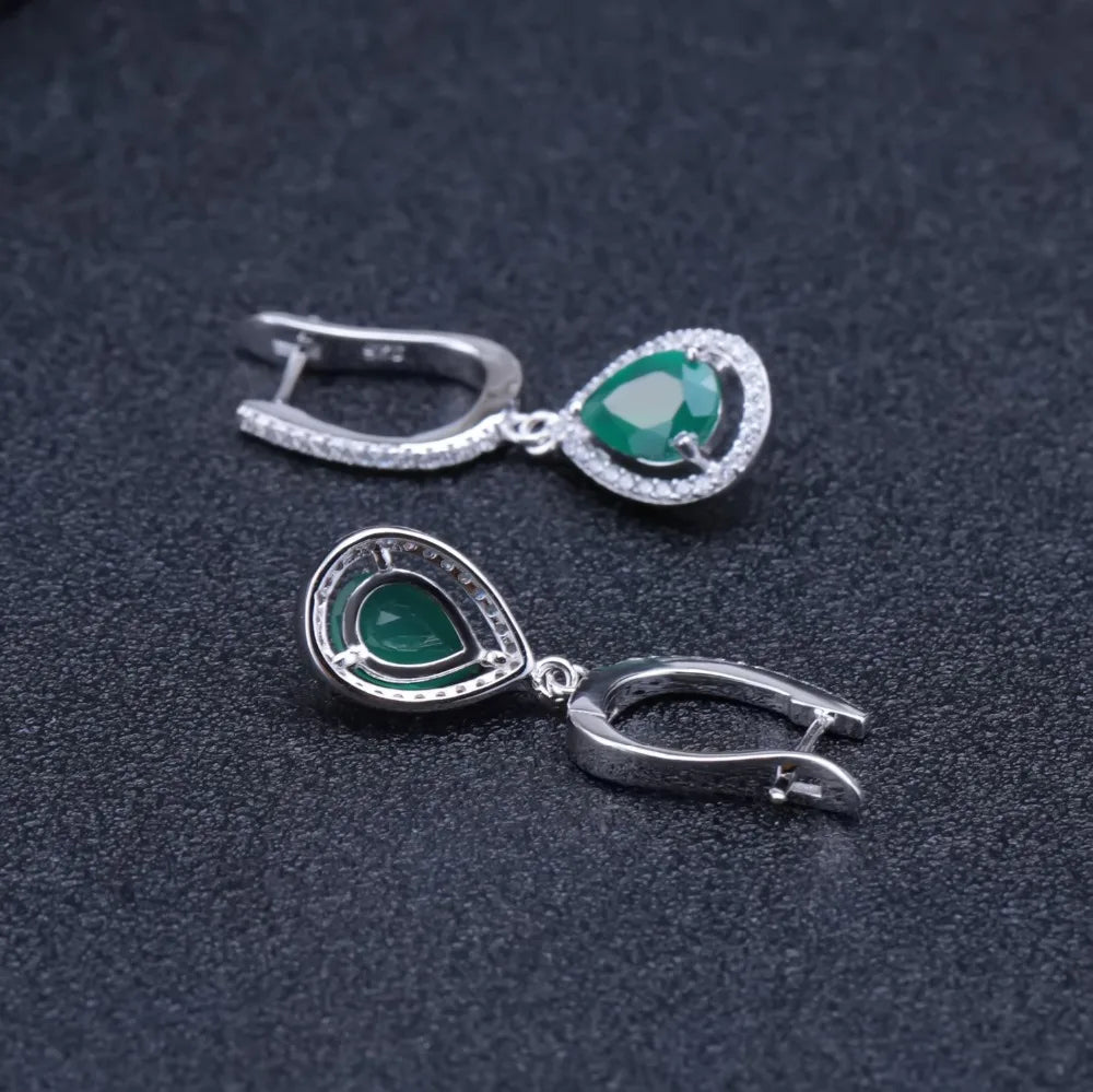 Natural Water Drop Green Agate Gemstone Earrings