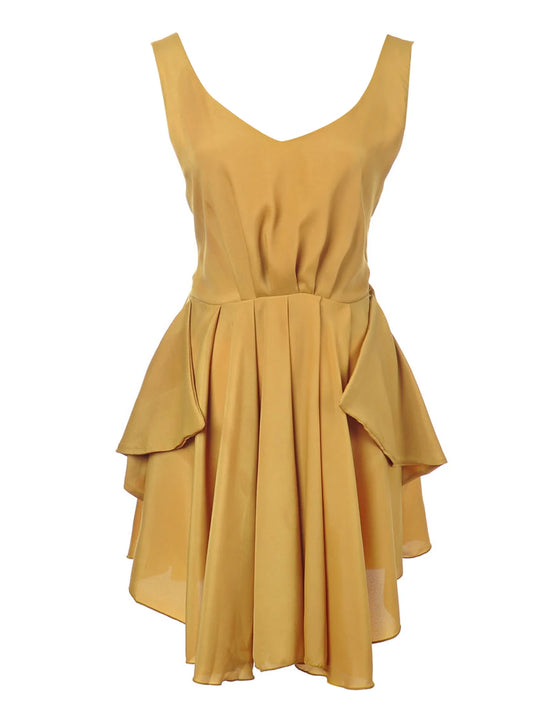 Golden Yellow Classic Romantic V-neck Semi Formal Ladies Dress