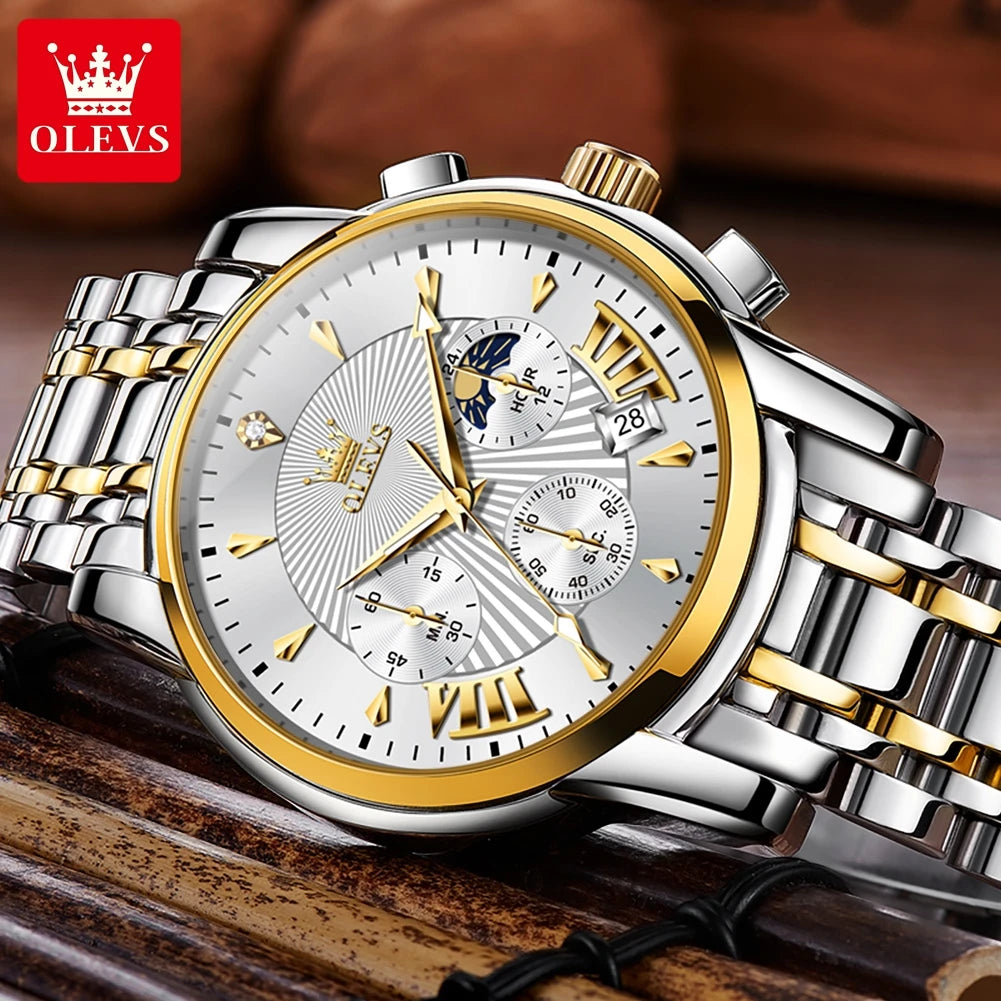 OLEVS Luxury Quartz Waterproof Chronograph Men's Wristwatch Auto Date Dual Calendar