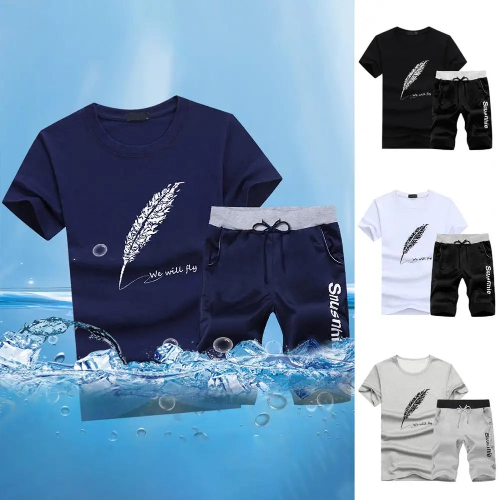 2Pcs/Set Quick Drying Men Summer Loose T-shirt and Shorts Sets