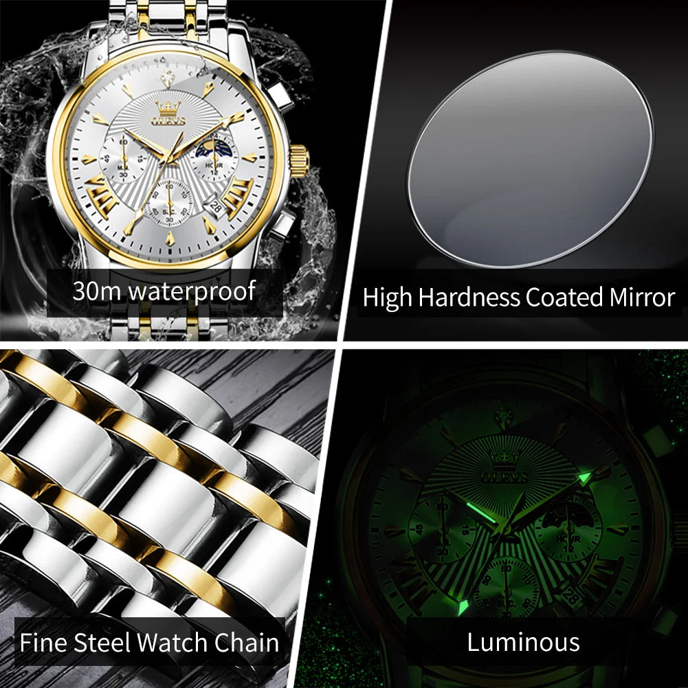 OLEVS Luxury Quartz Waterproof Chronograph Men's Wristwatch Auto Date Dual Calendar