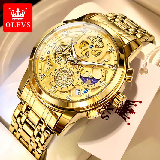 OLEVS Men's Luxury Original Waterproof Quartz Watch Gold Skeleton Style