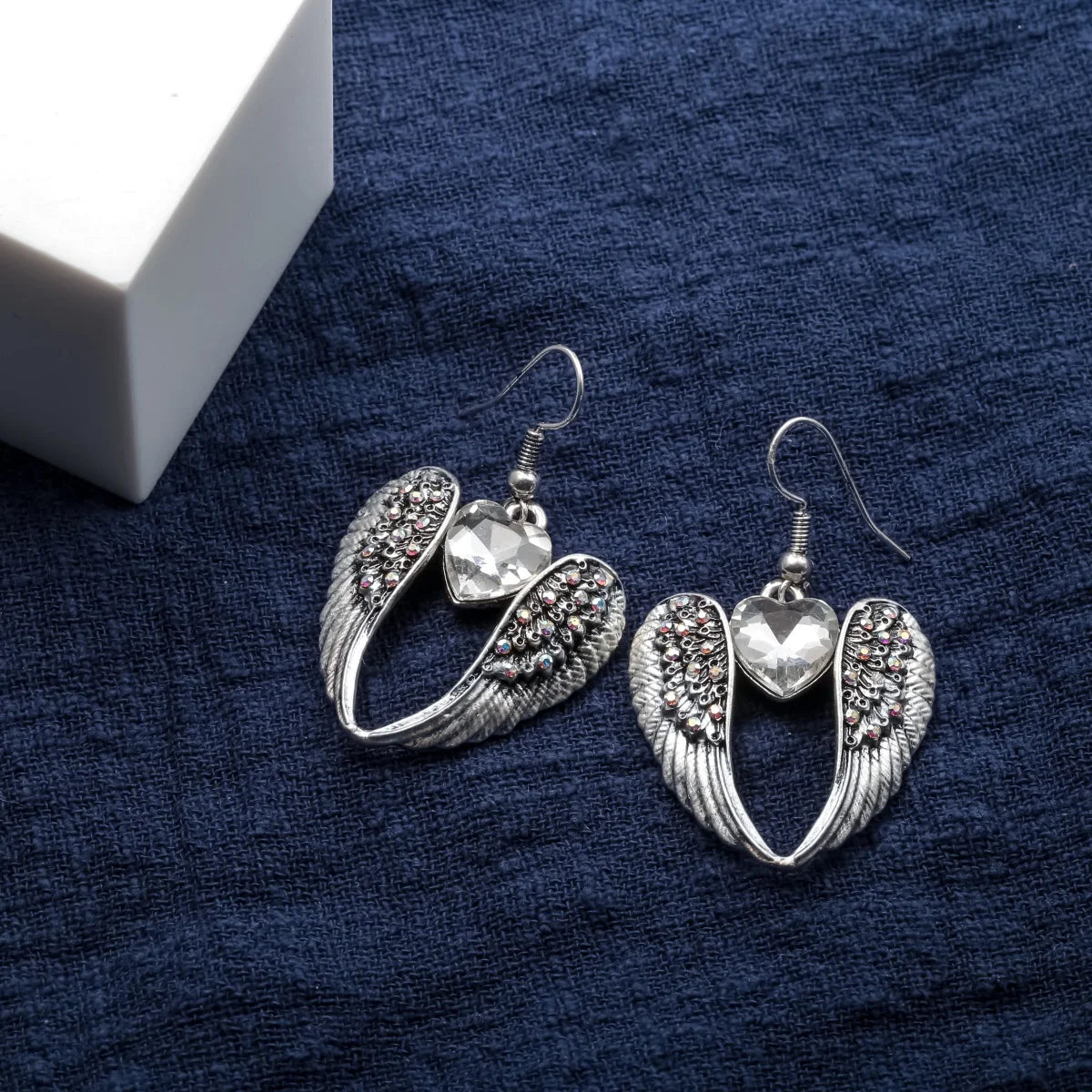 Women's Winged Heart Dangle Drop Earrings Antique Silver Color W/Crystal