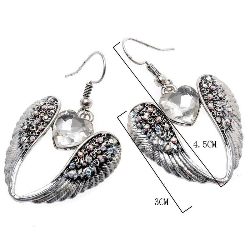 Women's Winged Heart Dangle Drop Earrings Antique Silver Color W/Crystal