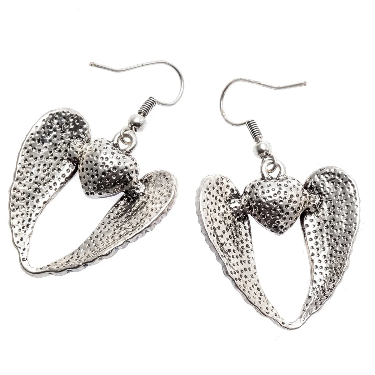 Women's Winged Heart Dangle Drop Earrings Antique Silver Color W/Crystal