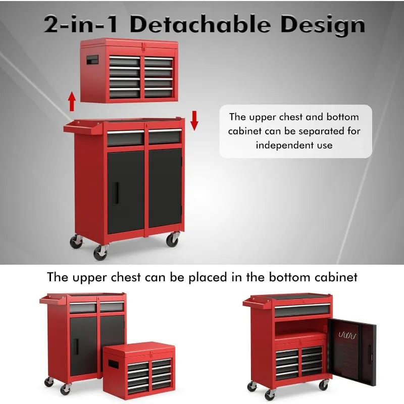 Rolling Tool Chest, 5-Drawer Tool Box Organizer w/Lockable Wheels & Sliding Drawers & Detachable Top