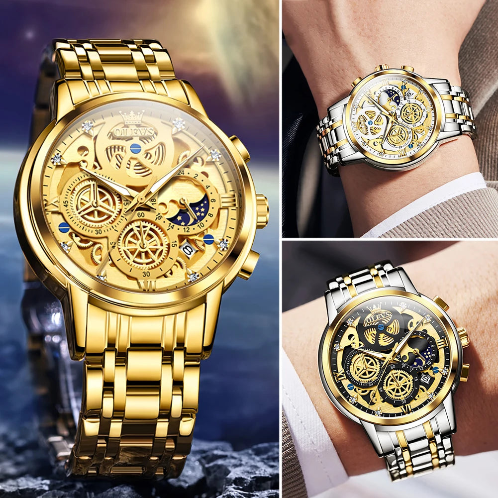 OLEVS Men's Luxury Original Waterproof Quartz Watch Gold Skeleton Style