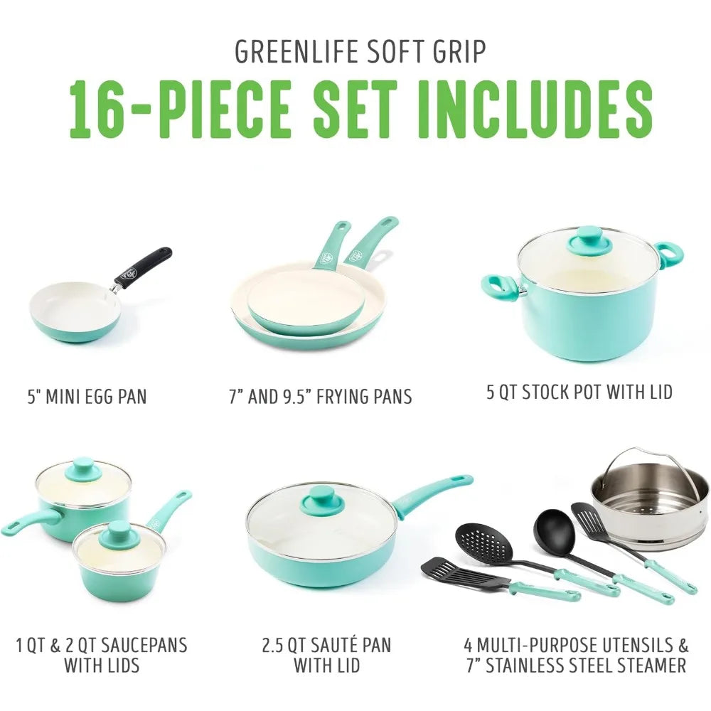 Green Life Soft Grip Ceramic Nonstick 16 Piece Cookware Set